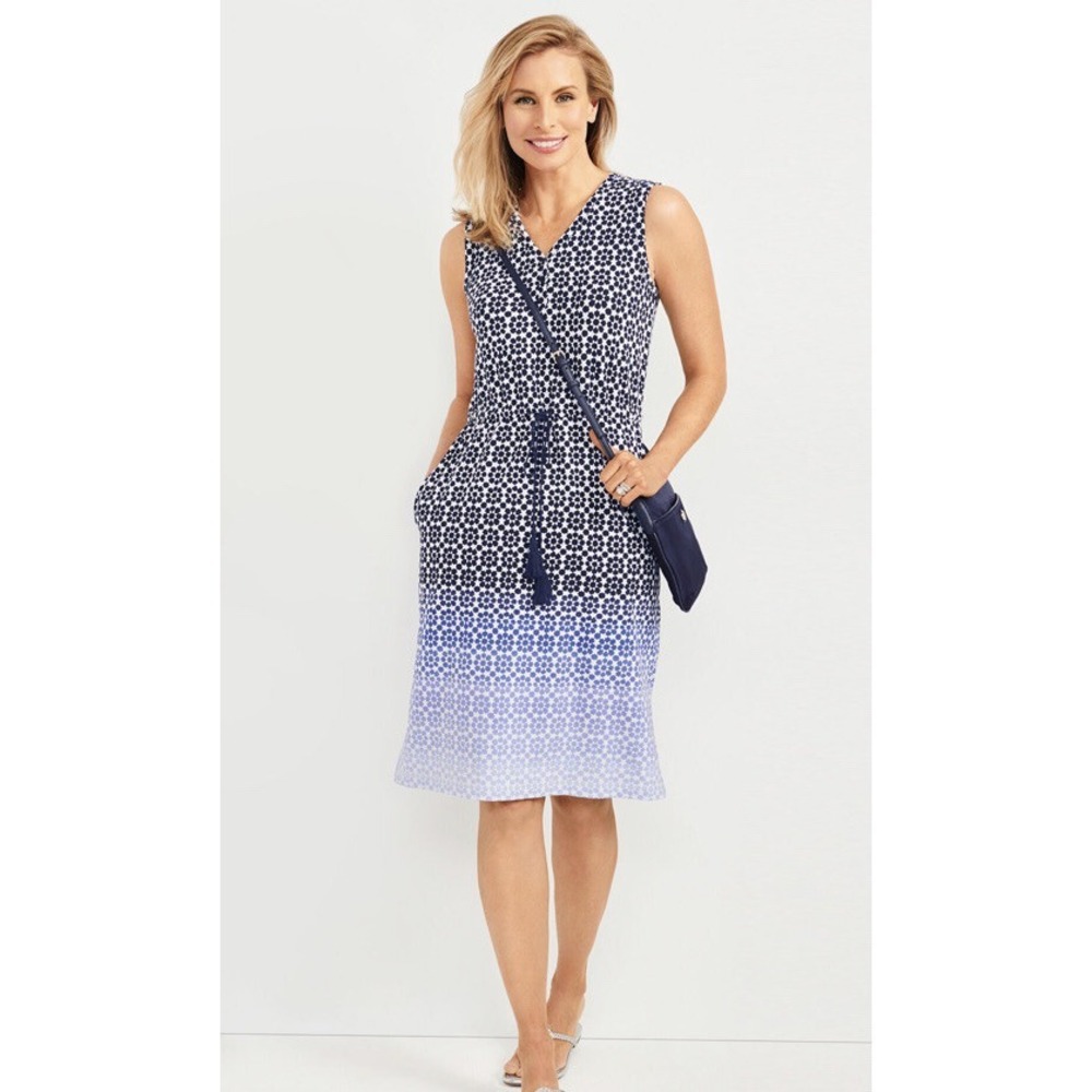 T by Talbots Dress Womens Petite Ombré Blue Geo Print Sleeveless New - Picture 4 of 6